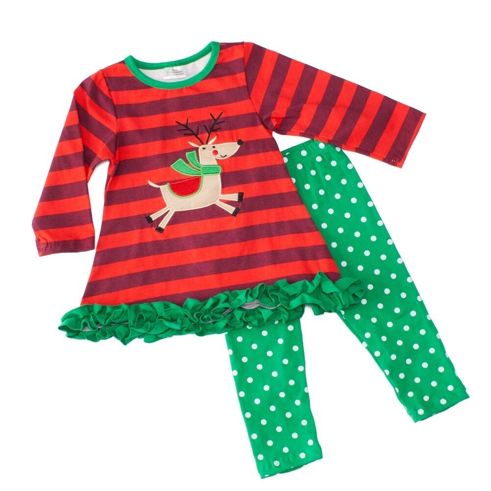 Shop Little Girls Red Green Stripe Reindeer Ruffle Christmas 2 Pc Pant Outfit 5 Overstock 20271746