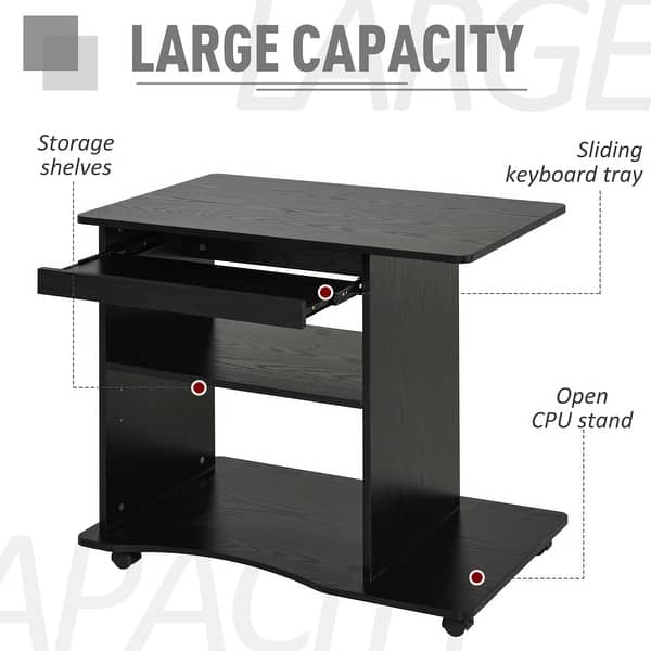 dimension image slide 1 of 2, HOMCOM Mobile Computer Desk Office Table Workstation with Sliding Keyboard, Adjustable Shelves, CPU Stand Black Wood Grain