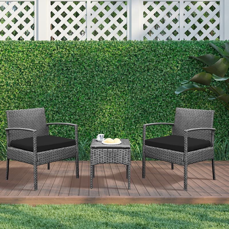 Outdoor Furniture 3 Piece Patio Bistro Furniture Set, Rattan Conversation Chairs Set with Side Table and Cushions