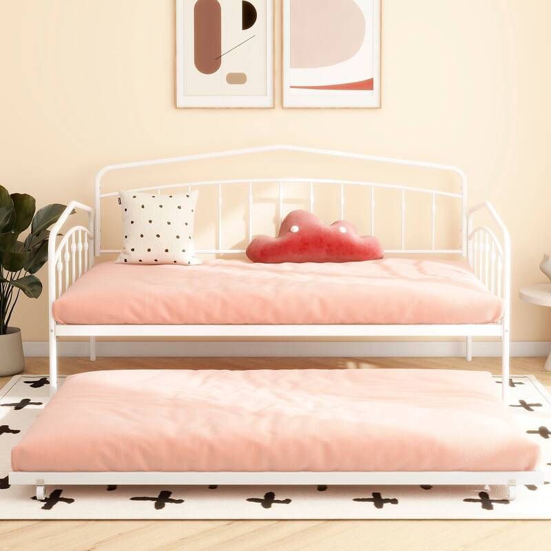 Twin Metal Daybed with Trundle and Easy-Glide Casters, White, No Box Spring Needed, Durable Slats Support, Anti-Noise Design