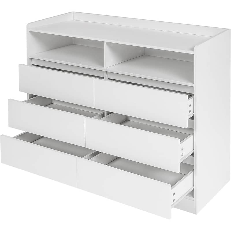 6 Drawer Dresser with LED Lights, MDF Chests of Drawers for Bedroom Storage Cabinet, Wood Dresser with Open Shelves