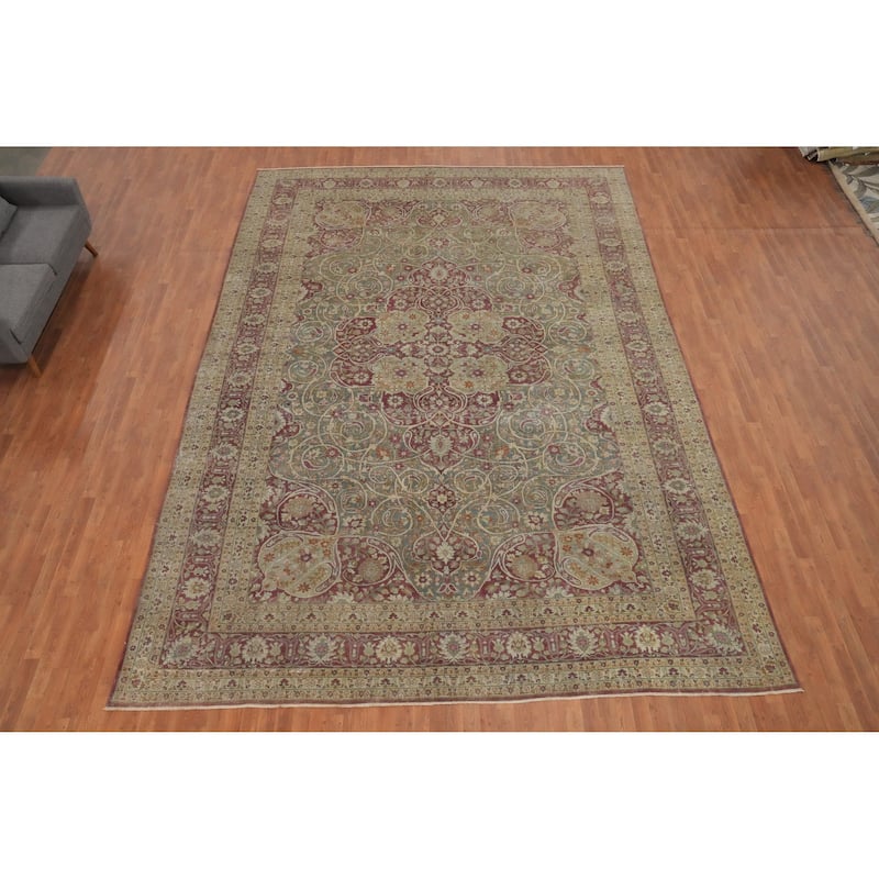 Hand Knotted Oriental 100% Wool Carpet Traditional Floral Navy Blue & Blues Tabriz Area Rug - 16' 0'' X 11' 2''