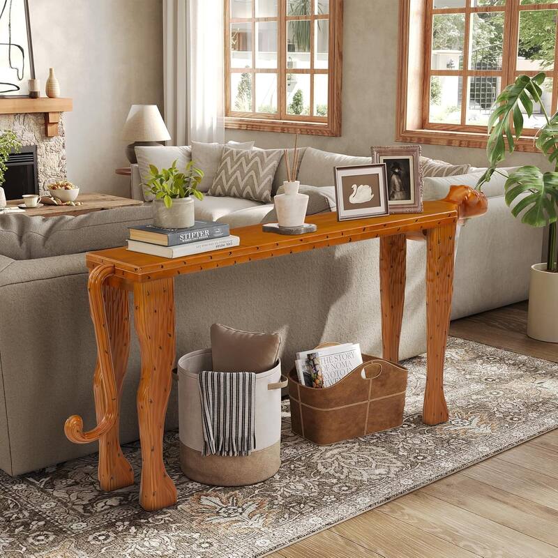 63-Inch Solid Wood Console Table Behind The Couch, Modern Entryway Table - Walnut - 63" W × 11.81" D × 29.53" H