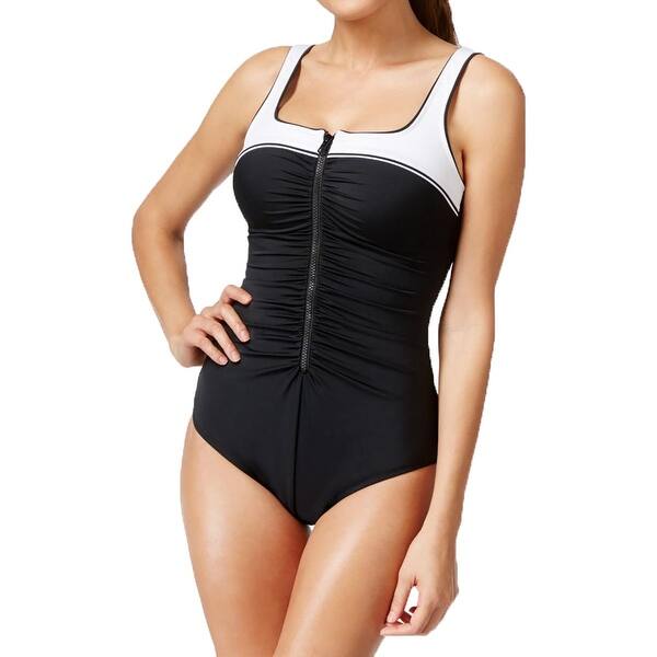 Shop Reebok Womens Tummy Control Contrast Trim One Piece Swimsuit