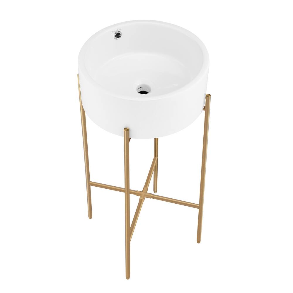 Trocadero 16.5" Round Console Sink, White Basin Brushed Gold Legs - 16.14" x 16.14" 6.5"