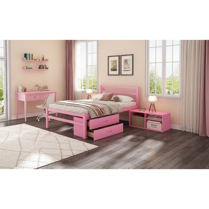 Pink Full Size Wood Platform Bed with Removable Storage Shelves and Two Drawers