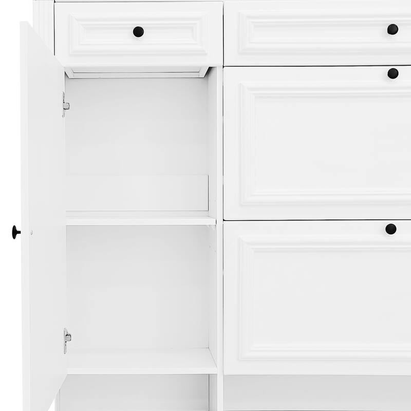 54.7"Hall Tree with Integrated Shoe Cabinet and Mirrored Cabinet Door, 4-in-1 Design, 2 Flip Drawers, 4 Hooks and 2 Cabinets