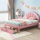 preview thumbnail 4 of 11, Kids Full Bed Frame Upholstered Platform Bed with LED Seashell Shaped Headboard and 2 Drawers, No Box Spring Needed, Pink