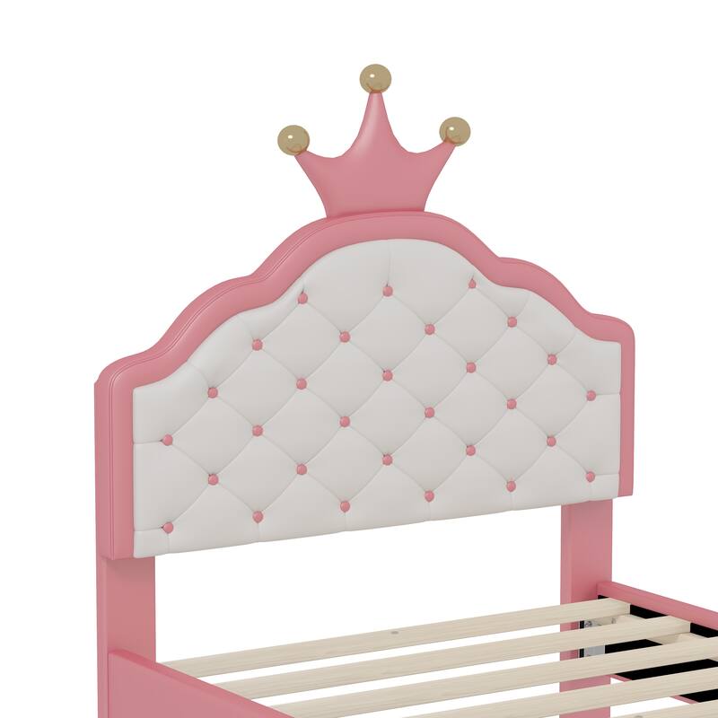 Twin Size Crown Fantasy PU Leather Princess Bed with Tufted Headboard Pink and Cream Dreamy Design for Girls