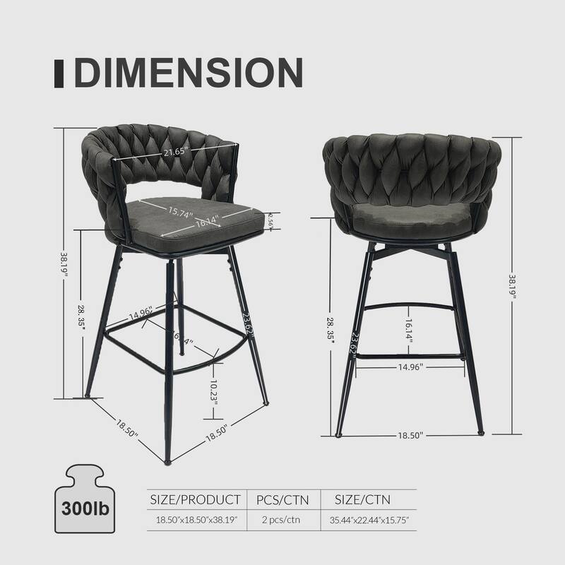 Leather Woven Bar Stool Set of 2, 360° Swivel Upholstered Arm Chairs, Kitchen Island Chairs with Back Footrest