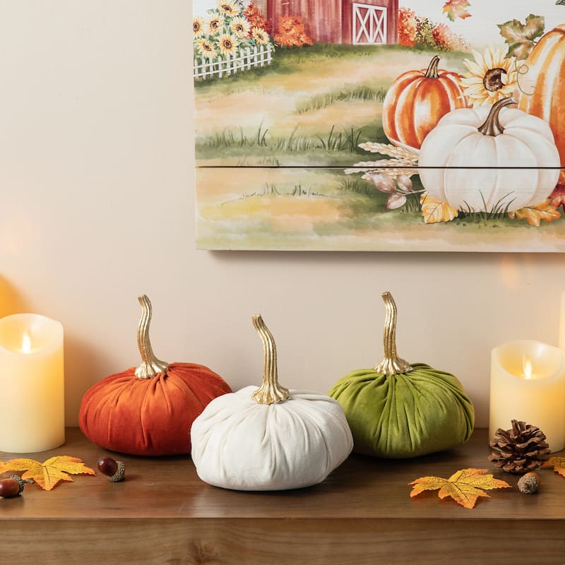 Glitzhome Set of 3 Orange White Green Fall Harvest Velvet Pumpkins Thanksgiving Centerpiece