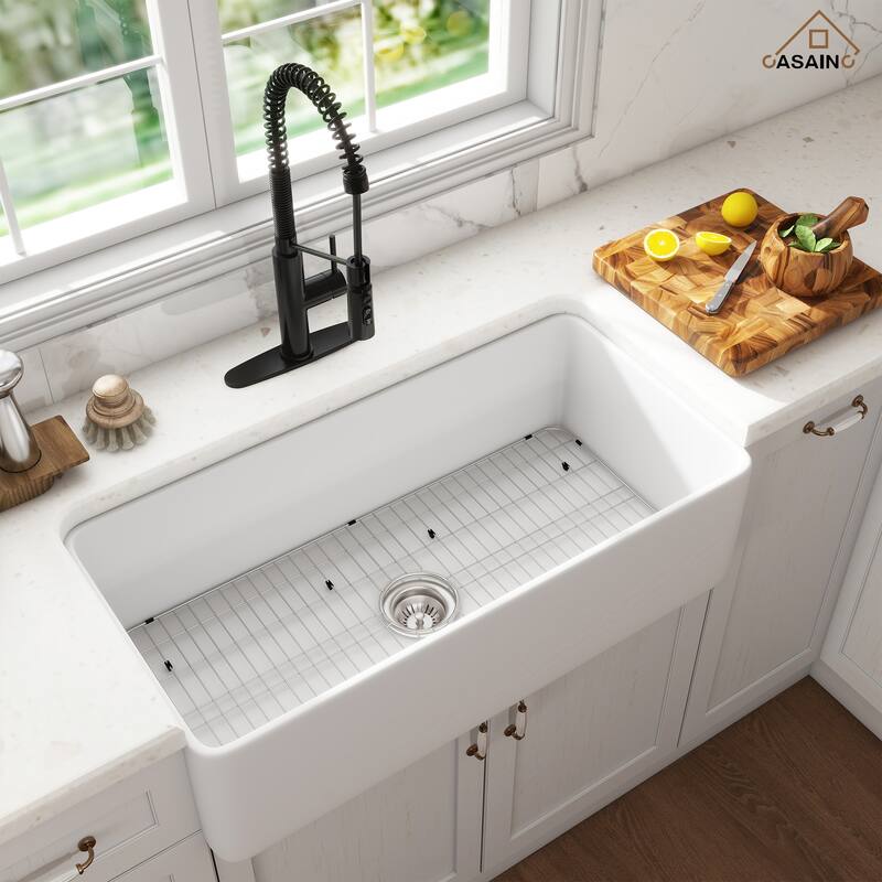 Farmhouse/Apron-Front Single Bowl Fireclay Kitchen Sink with 3-Function Pull-Down Kitchen Faucet, Grid, and Basket Strainer
