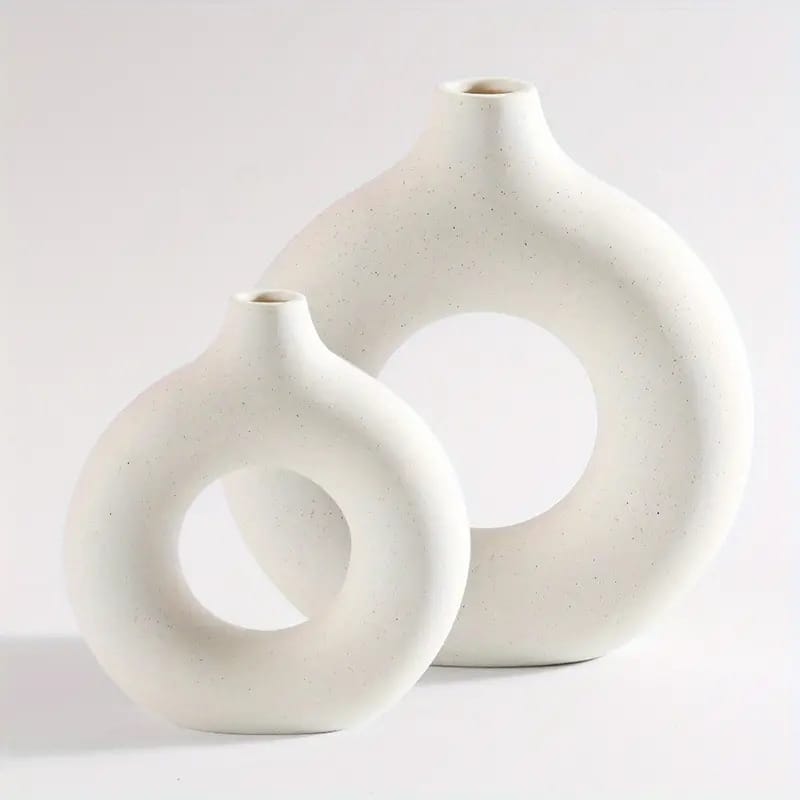 Curata Set of 2 White Ceramic Donut Vases - Modern Home Décor - White