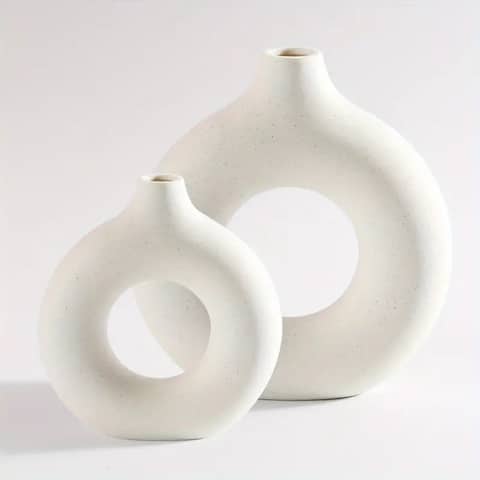 Curata Set of 2 White Ceramic Donut Vases - Modern Home Décor