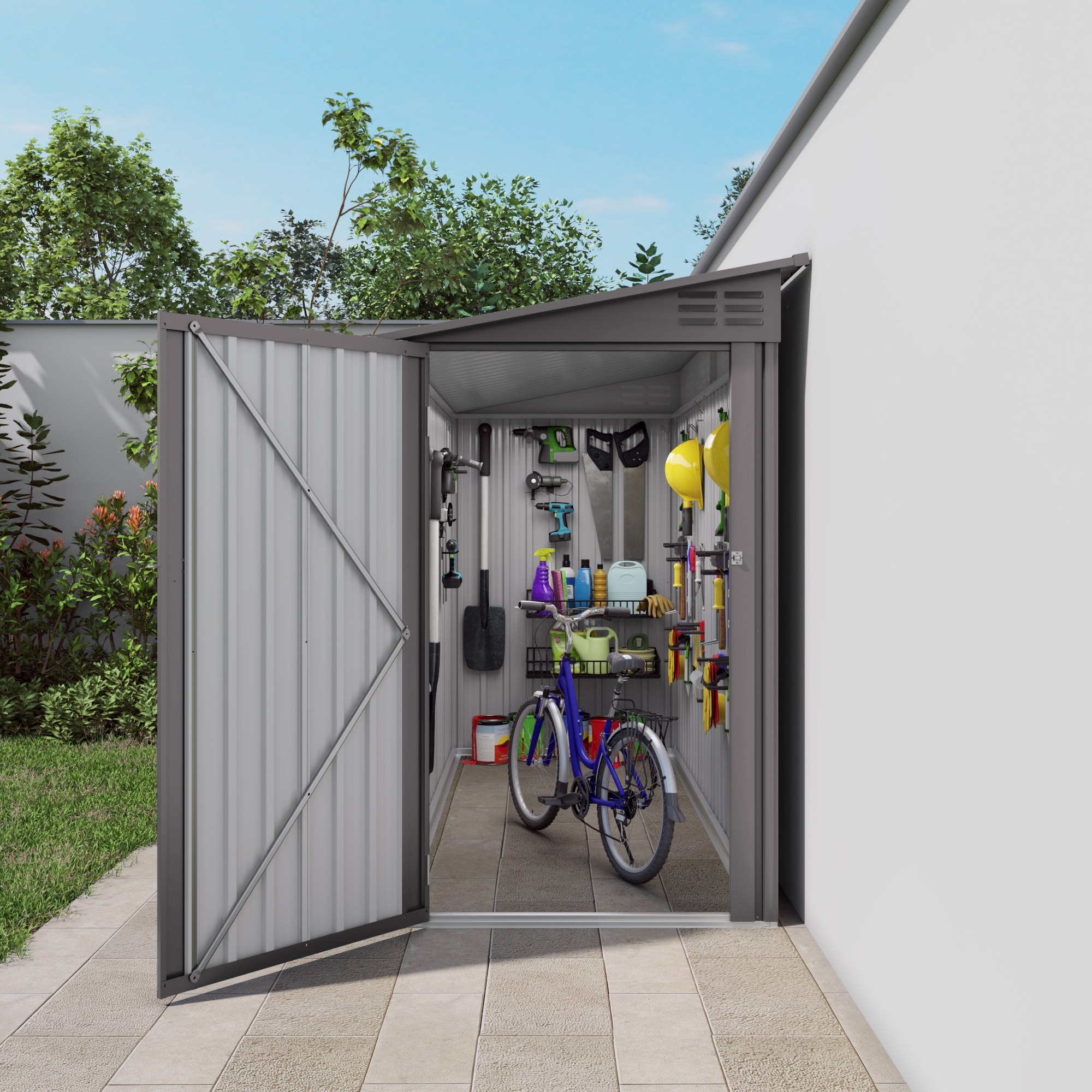 4x9 FT Lean to Shed with Windows,Outdoor Storage Shed Tool House with Sloping Roof with 2 Vents and 1 Side Open Door