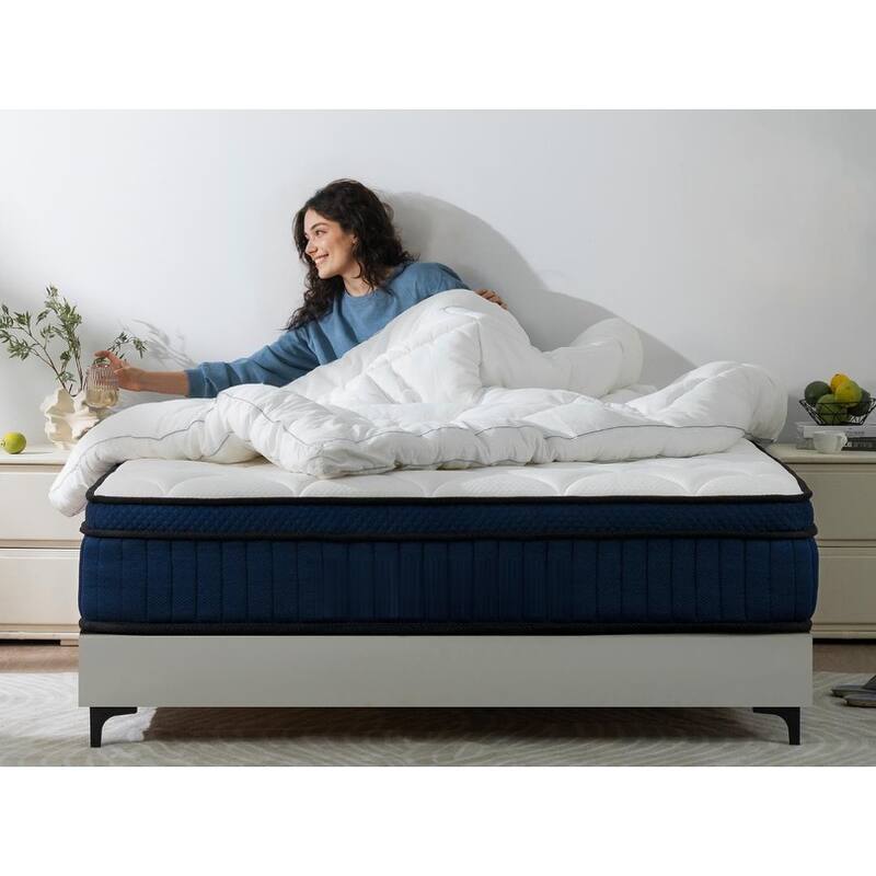 10 Inch King Size Breathable Cool Cover Memory Foam Individual Pocket Spring Hybrid Mattress - Blue