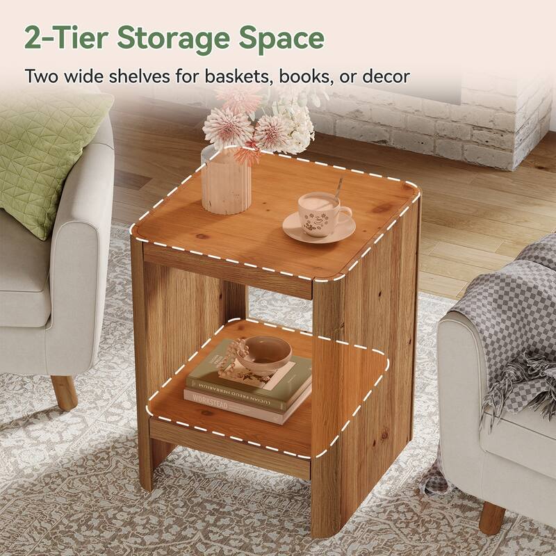 Solid Wood End Table, Rustic Side Table with Open Storage Shelf