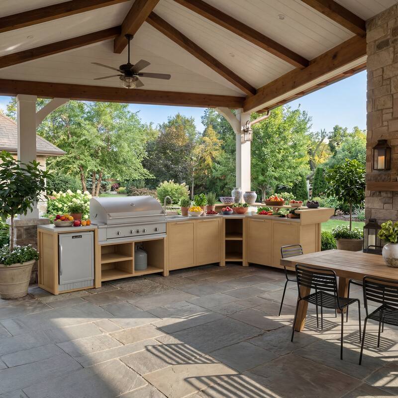 Modular Outdoor Kitchen Cabinet Set 100% Solid Wood Patio BBQ Island with Stainless Steel Countertop