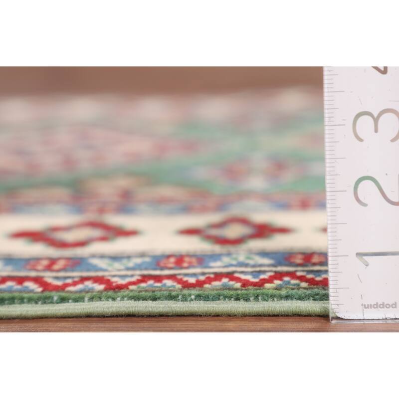 Green Geometric Kazak Foyer Rug Hand-Knotted Wool Carpet - 3'3" x 4'10"