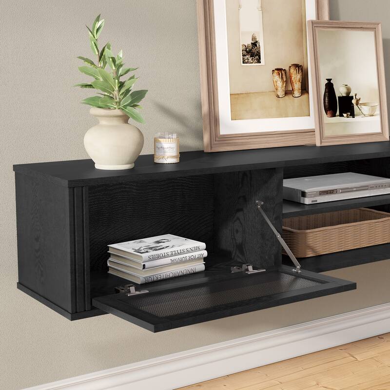 WAMPAT Floating TV Stand Shelf with Power Outlet and 2 Rattan Doors