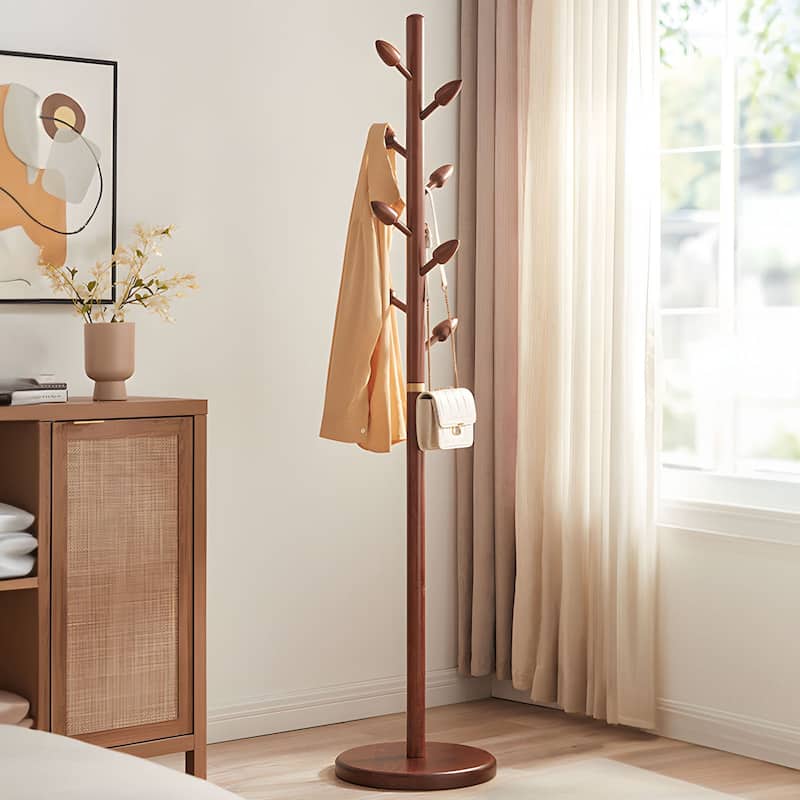 Rubberwood Freestanding Coat Rack, Coat Tree with 8 Bud-shaped Hooks - 15.75"Dia. x 72.44"H - Walnut Brown