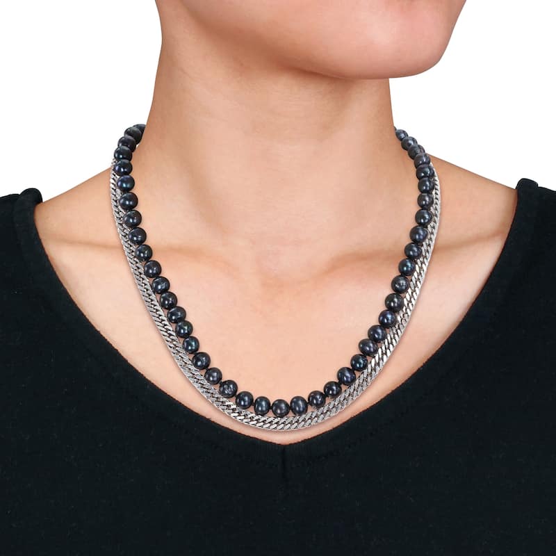 Miadora Mens 7.5-8mm Cultured Freshwater Black Pearl and Double Curb-Link Sterling Silver Necklace