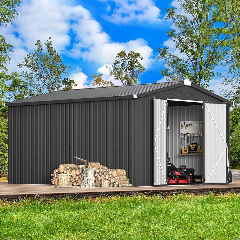 AECOJOY Outdoor Extra Large Storage Metal Shed with Lockable Doors - 10' x 14' - Dark Grey