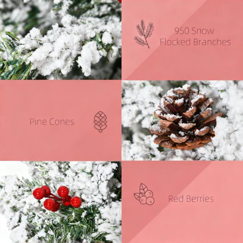 Snow Flocked Pencil Artificial Tree - Realistic Pine Branches, Pine Cones, Red Berries, Auto Open - Green,White