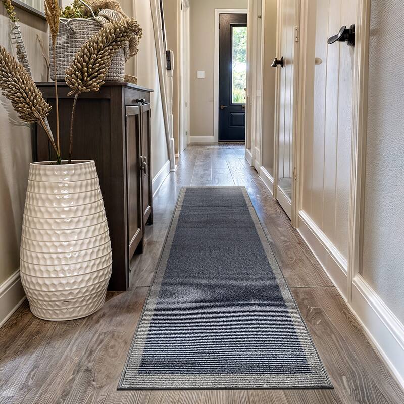 Modern Geometric Stripe Bordered Area Rug for Living Room, Bedroom, or Entryway - Low Pile Indoor Rug - Navy - 2' 3" x 12'
