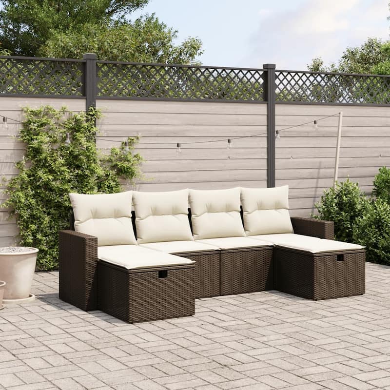 vidaXL Patio Sofa Set with Cushions Outdoor Furniture 6 Piece Poly Rattan - Brown and cream Large