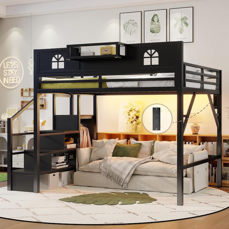 High Loft Bed Frame with Storage Stairs and Wardrobe, Loft Metal Frame Bed with High House Shaped Guardrails for Kid Teens - Black - Queen