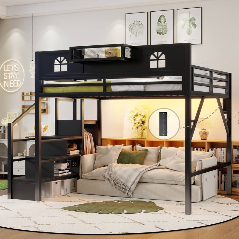 Queen/Full Size Metal Loft Bed with Stairs and House-Shaped Guardrails, High Loft Bed with Built-in Wardrobe