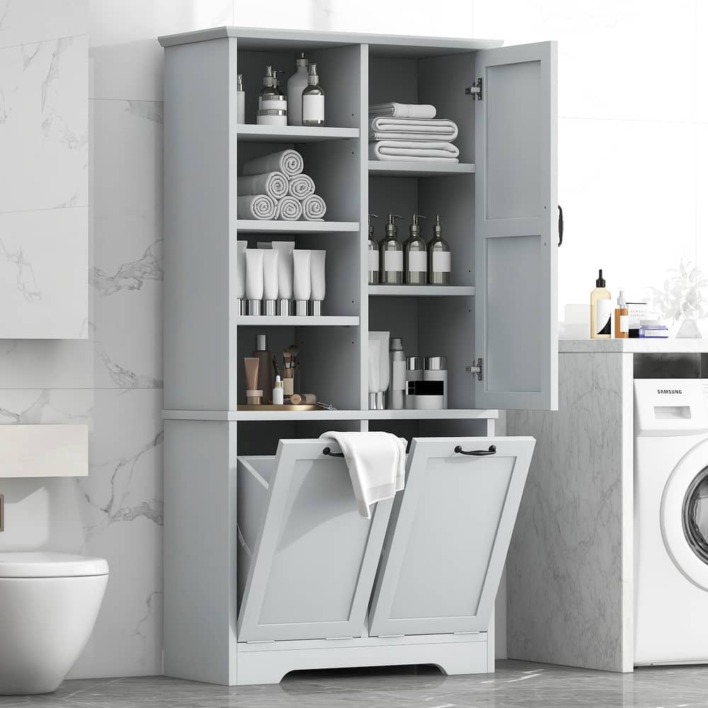 GDFStudio - Elijah Tall Bathroom Cabinet with Tilt-Out Laundry Hampers and Adjustable Shelves