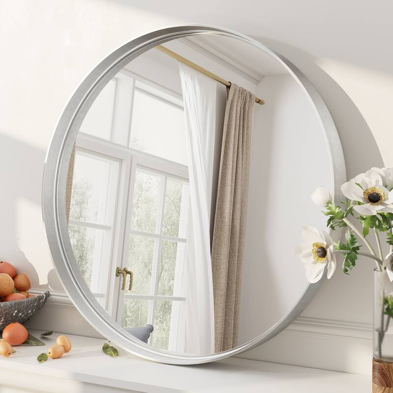 Round Tempered Glass and Metal Framed French Cleat Mounted Wall Bathroom / Vanity Mirror - 18" x 18" - Silver