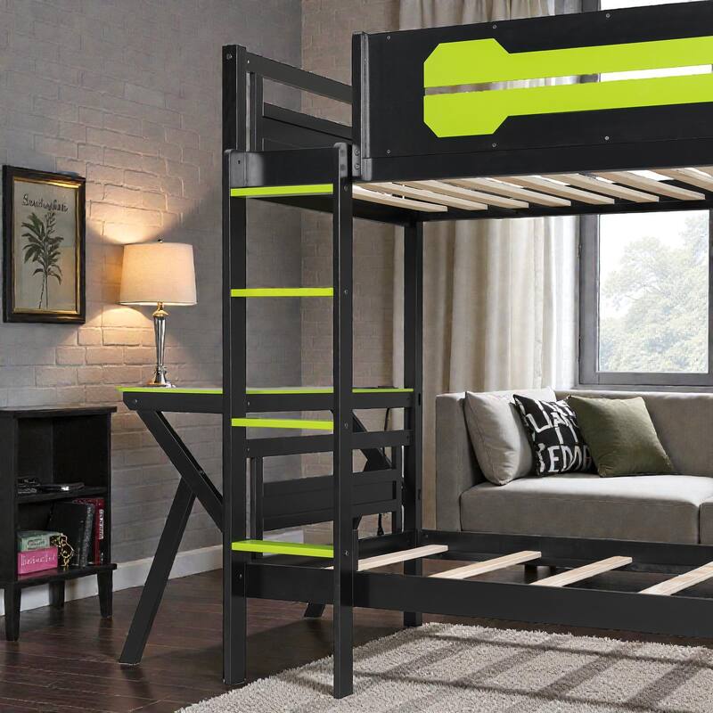 Twin/Full Gaming Bunk Bed with Dual Desks, USB Charging Ports and Pegboard Organizer, Gamer Bunk Frame