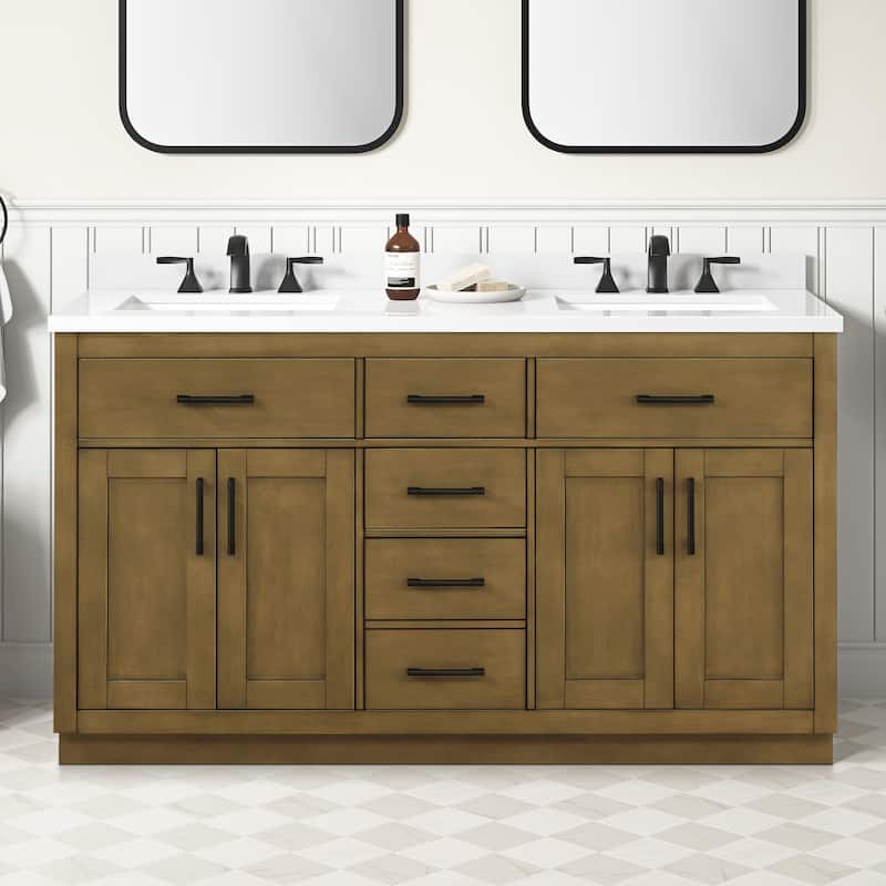 OVE Bailey Bathroom Vanity with Power Bar - 60" - Almond Latte with Matte Black Hardware