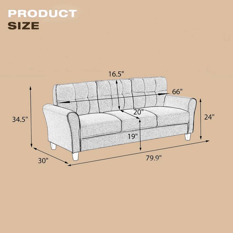 Three Seat Sofa Couch, 79.9" Modern Style Button Tufted Linen Upholstered 3-seat Sofa for Living Room,Light Grey