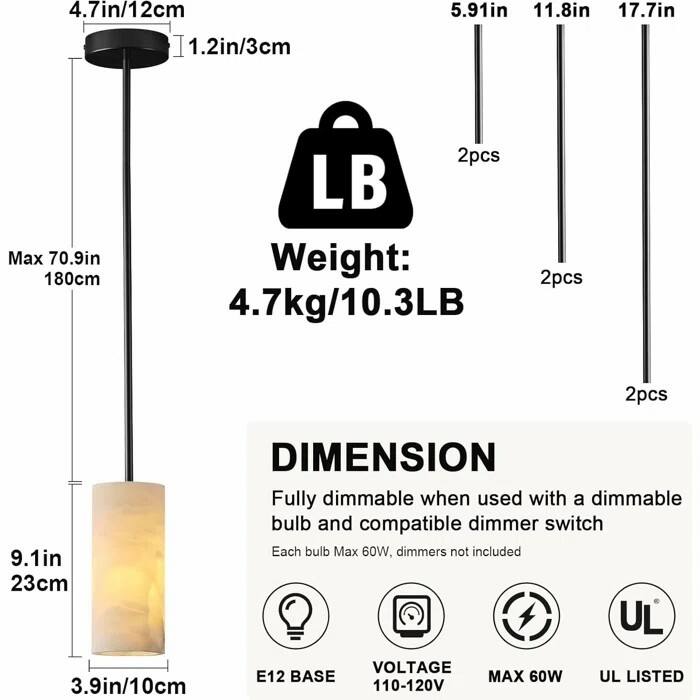 Dimmable LED Solid Brass Pendant Light with Spanish Alabaster Shade