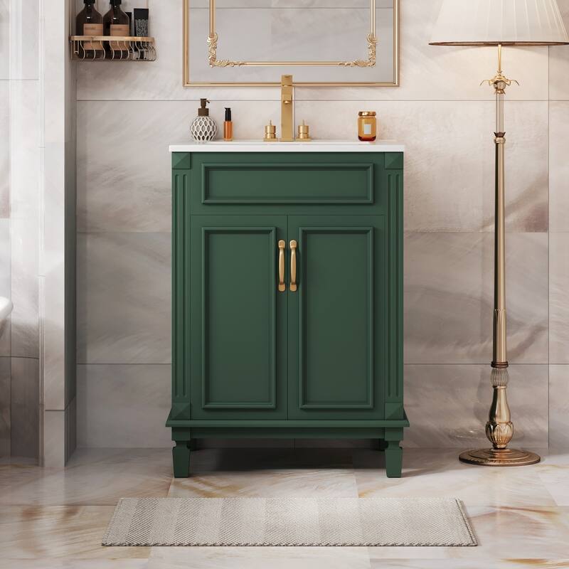 GDFStudio - Modern Bathroom Vanity with Ceramic Sink and 2 Soft-Closing Doors & Adjustable Shelf - 24'W - Green