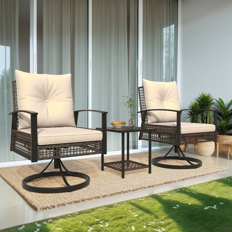 Outdoor Swivel Rocker Patio Chairs Set of 2 with Coffee Table &Cushions, Rattan Bistro Set for Porch, Backyard, Balcony - Metal Arm - Beige