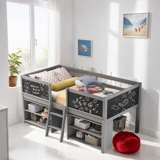 Twin Size Low Loft Bed with Two Movable Shelves and Ladder, Wooden Bed ...