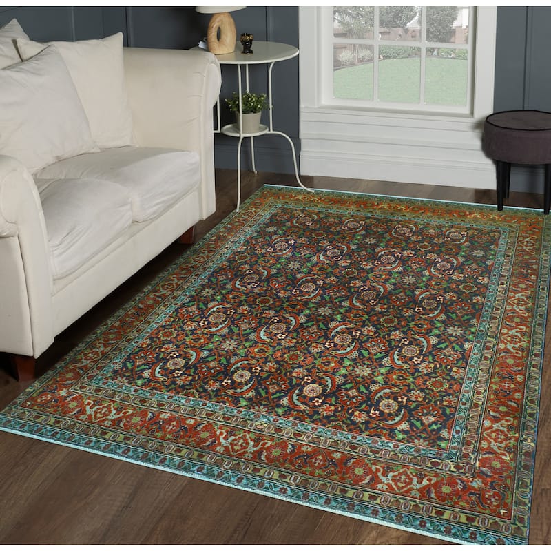 Fine Vintage Distressed Braemwie Navy/Burgundy Rug - 4'8" x 6'3"