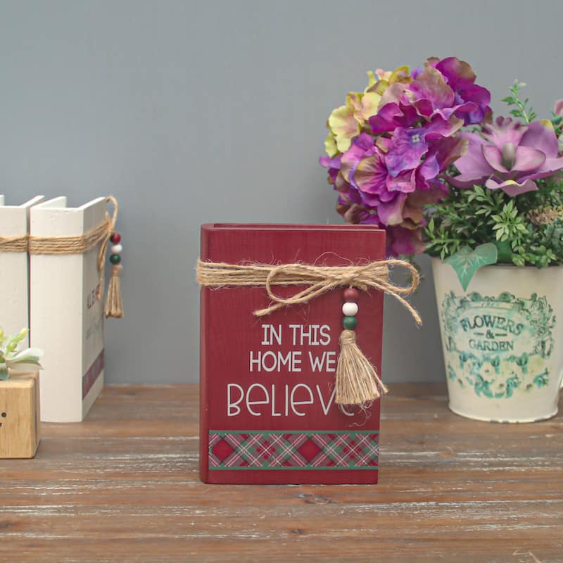 In This Home We Believe Wood Faux Books Decorative Sign with Twine and Beads