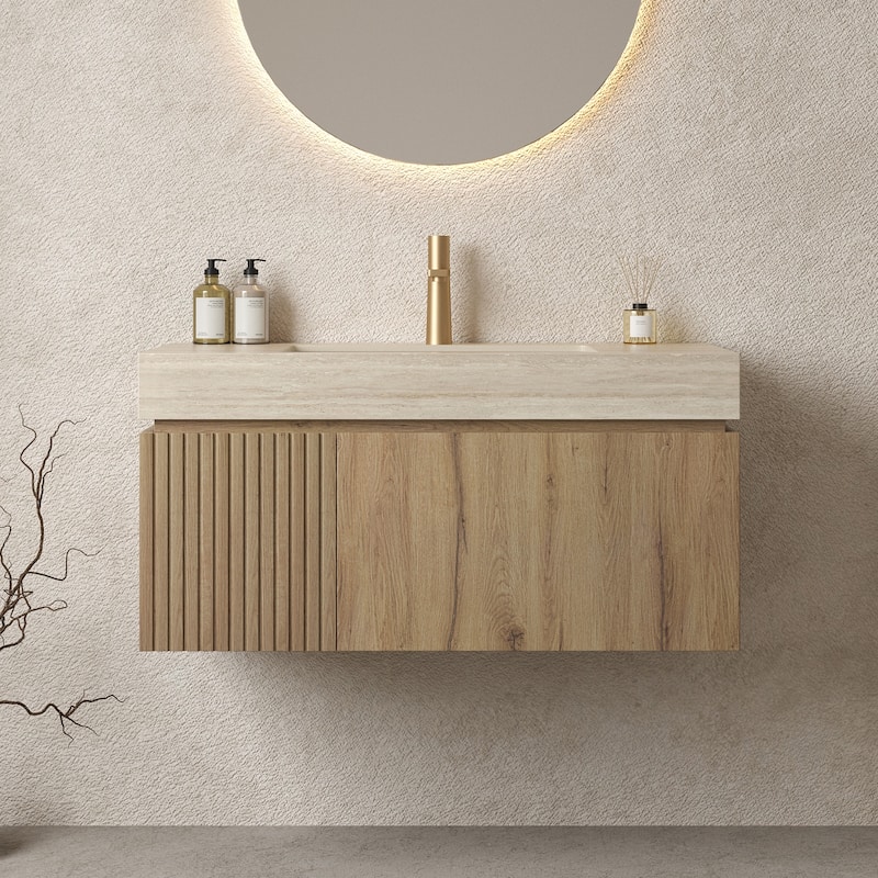 30"/36"/48" Wall-Mounted Bathroom Vanity with Ceramic Sink, Sintered Stone Countertop Floating Bathroom Storage Cabinet - Beige,White Oak - 36 Inch