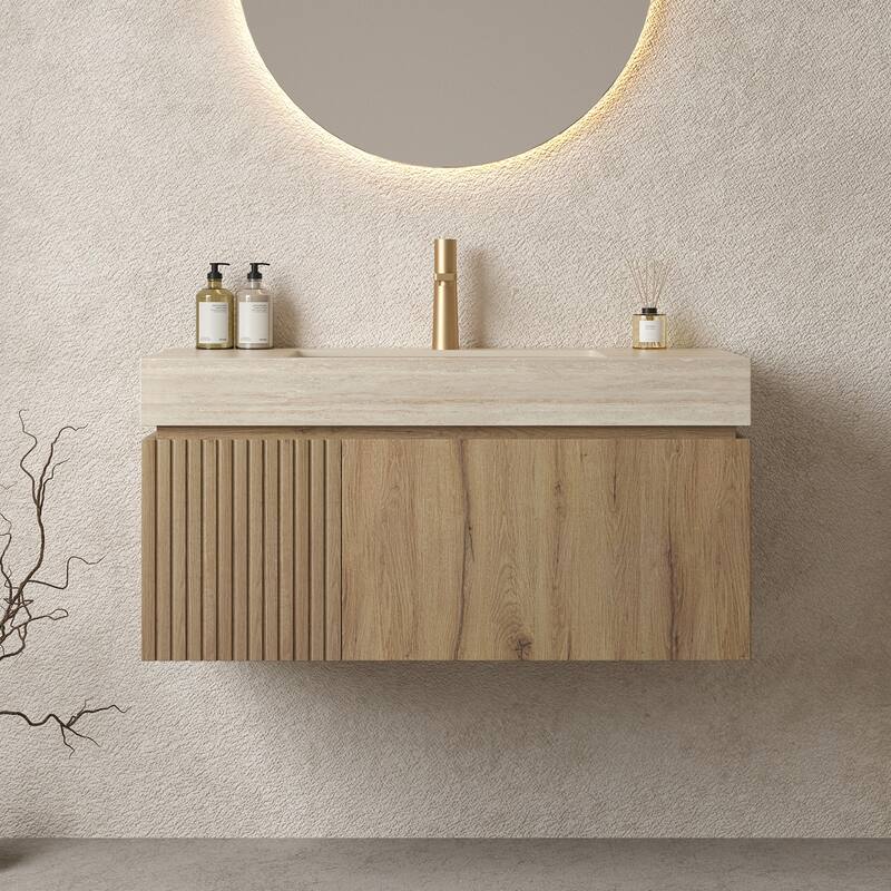 GDFStudio - Muri 36" Floating Bathroom Vanity with Travertine-Pattern Sintered Stone Countertop & Basin, WITHOUT Faucet