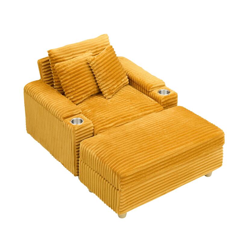 Corduroy Accent Chair & Storage Ottoman Set of 2, Single Sofa Armchair Lounge Chair with Pillows & Cup Holders
