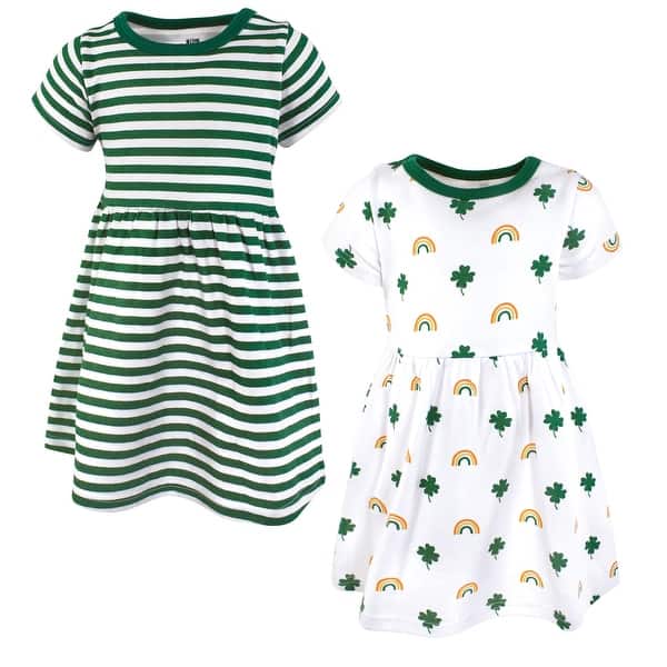 slide 1 of 1, Hudson Baby Girls Cotton Dresses, Clover Rainbow 0-3 Months - Clover Rainbow