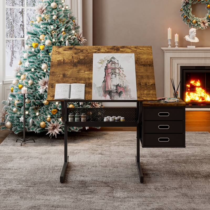 Black drafting drawing table with stool and 3 drawers