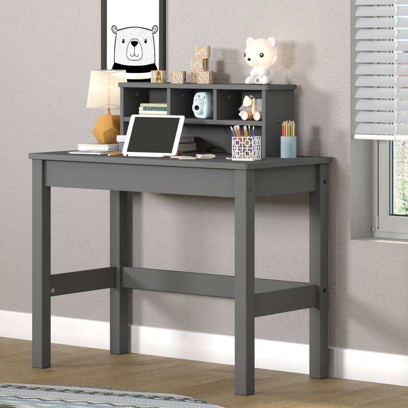 Compact Writing Desk with Built-In Hutch and Storage, Gray Finish Modern Desk