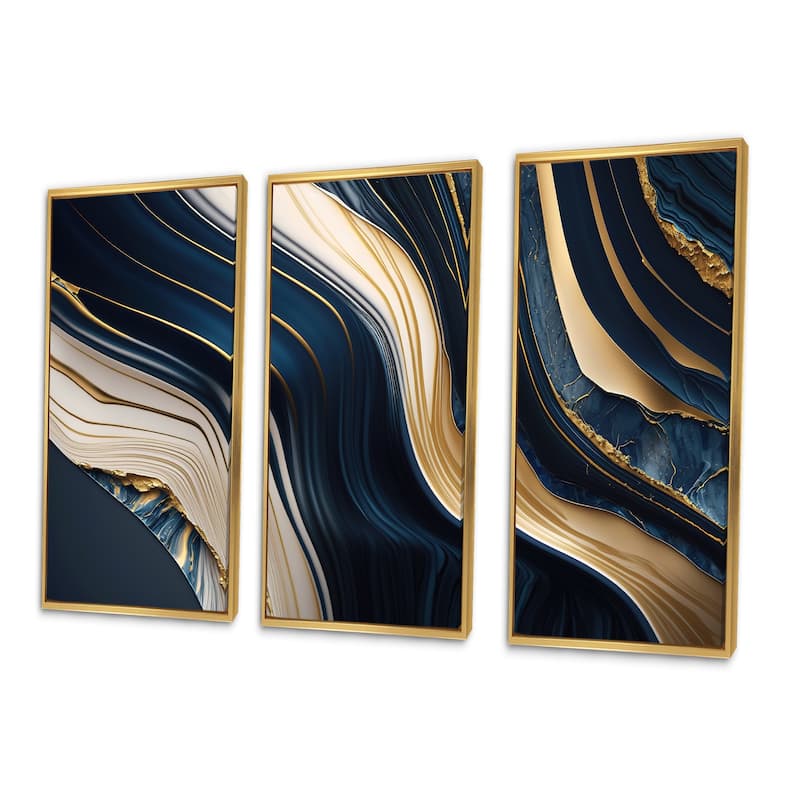 Designart "Abstract Geode Waves Blue And Gold II" Modern Waves Framed Canvas Art Print - 3 Panels